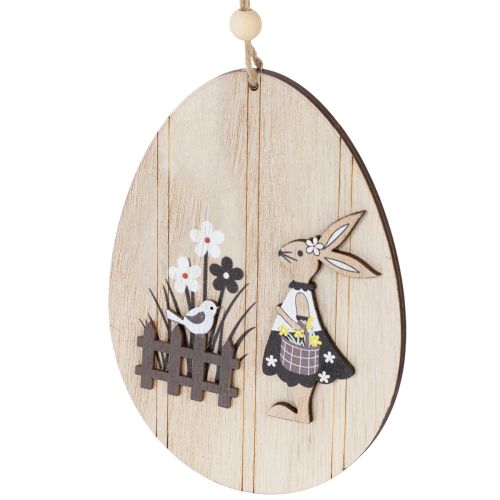 Product Hanging Easter eggs, wooden egg with rabbit, natural white, 10cm, 6 pieces