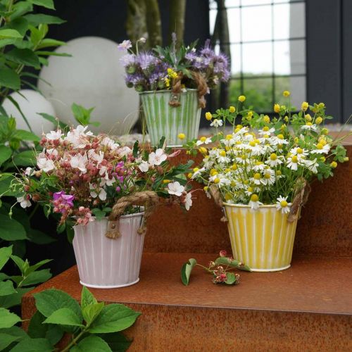 Product Bucket for planting, planter with handles, metal decoration pink/green/yellow shabby chic Ø16.5 cm H15 cm set of 3