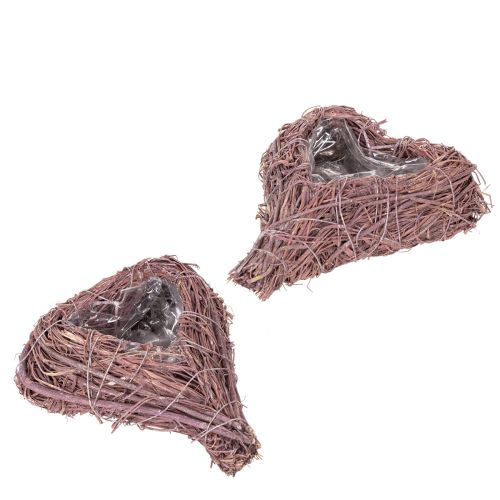 Heart-shaped bowl with branches and foil insert for floral arrangements, 14cm, 2 pieces