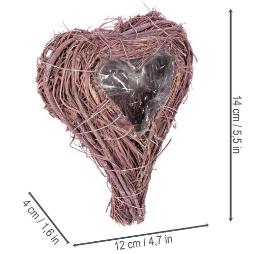 Heart-shaped bowl with branches and foil insert for floral arrangements, 14cm, 2 pieces | Floristik24.ie