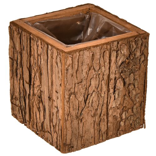 Floristik24 Square wooden planter with pine bark and planter 12×12cm