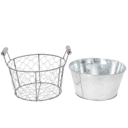 Product Plant basket with insert, wire basket, planter, spring silver, whitewashed, shabby chic, Ø22cm H17.5cm