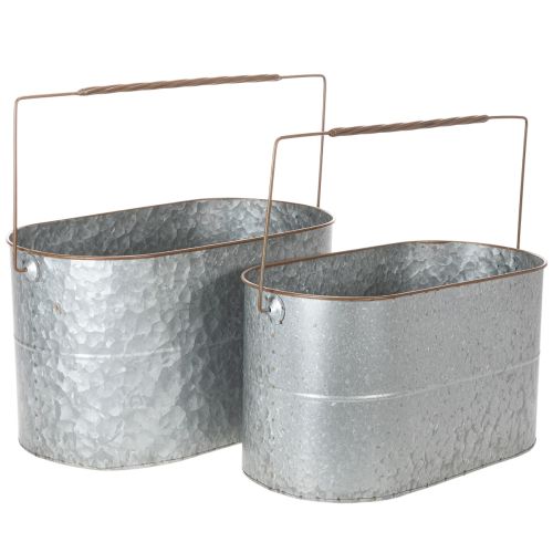 Product Plant pot with handle, metal pot, planter, silver, brown, H22/20cm L42/40cm, set of 2