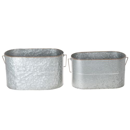 Product Plant pot with handle, metal pot, planter, silver, brown, H22/20cm L42/40cm, set of 2