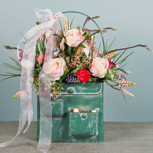 Product Planter bag with handle metal green, white washed H30cm