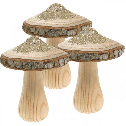 Product Wooden mushroom bark and glitter deco mushrooms wood H11cm 3pcs