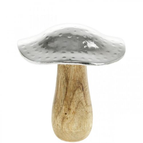 Deco mushroom metal wood silver, natural autumn decoration 13cm