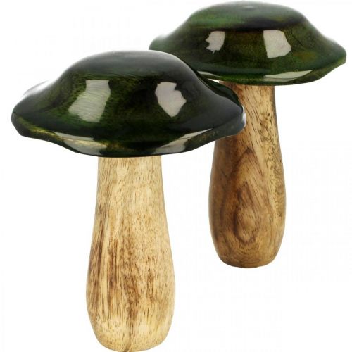 Mushroom green mango wood autumn decoration made of wood Ø9cmH11cm 2pcs