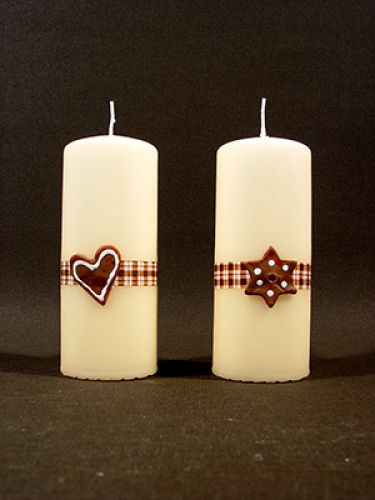 Cream pillar candle with waxed star / heart on a diamond ribbon