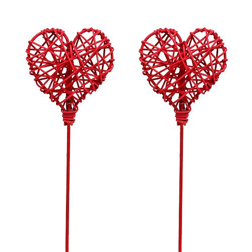 Rattan heart on stick red 7cm L45cm 18 pcs