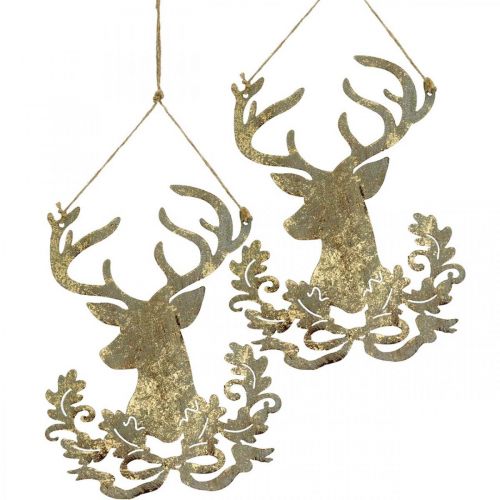 Floristik24 Reindeer to hang, Christmas decoration, deer head, metal pendant golden antique look H23cm 2pcs