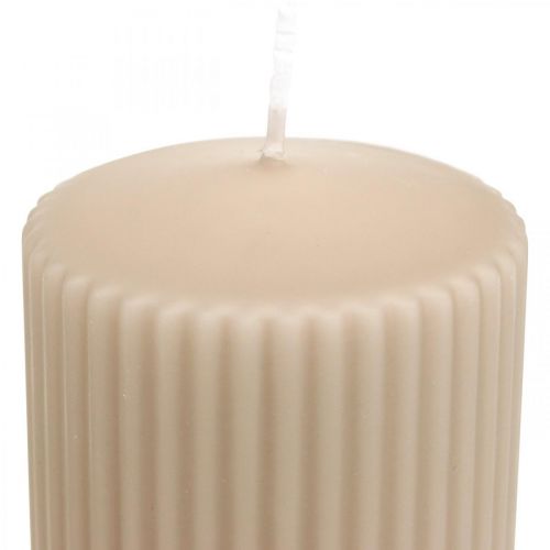 Floristik24 Pillar Candles Beige Grooved Candle 70/90mm 4 Pcs