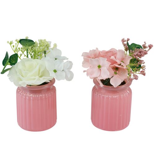 Floristik24 Rose Artificial in Glass Pot Pink White H16cm 2pcs