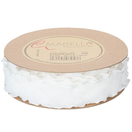 White ruffled organza ribbon, decorative ribbon, 25mm wide, 10m long | Floristik24.ie