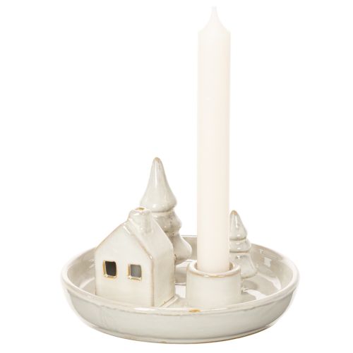 Decorative ceramic candle holder with house and trees, 16 cm | Floristik24.ie