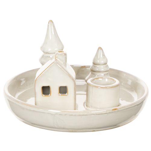 Decorative ceramic candle holder with house and trees, 16 cm | Floristik24.ie