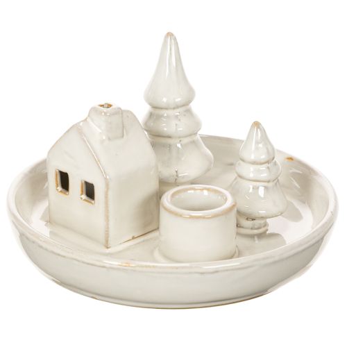 Decorative ceramic candle holder with house and trees, 16 cm | Floristik24.ie