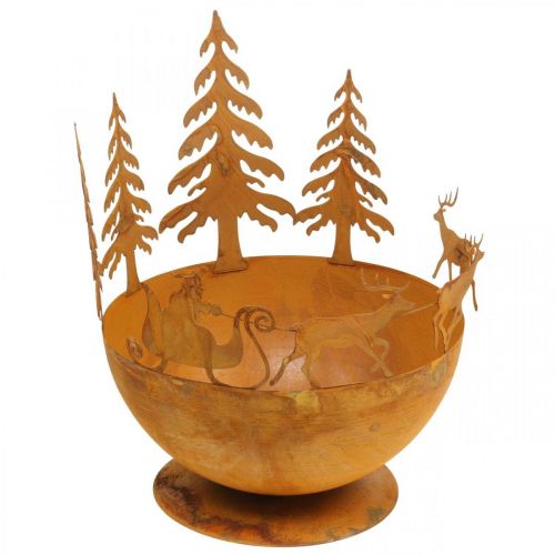 Decorative bowl with Christmas sleigh, Advent decoration, metal vessel patina Ø25cm H32.5cm