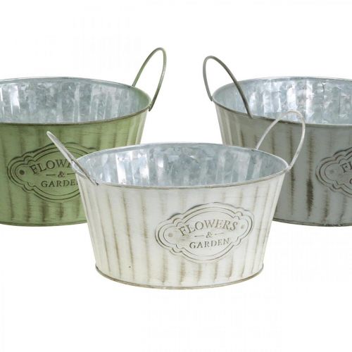 Floristik24 Metal plant bowl, spring flower pot, planter with handles green, white, gray Ø21cm H15.5cm set of 3