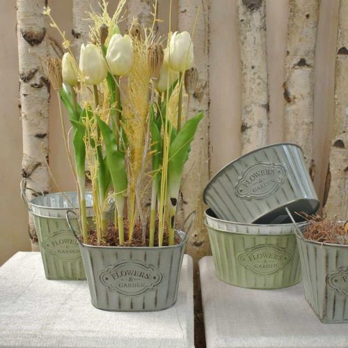 Floristik24 Flower pot made of metal plant bowl with handles green, white, gray L24cm H14.5cm 3pcs