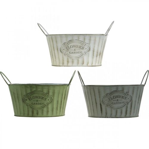 Floristik24 Metal plant bowl, spring flower pot, planter with handles green, white, gray Ø21cm H15.5cm set of 3