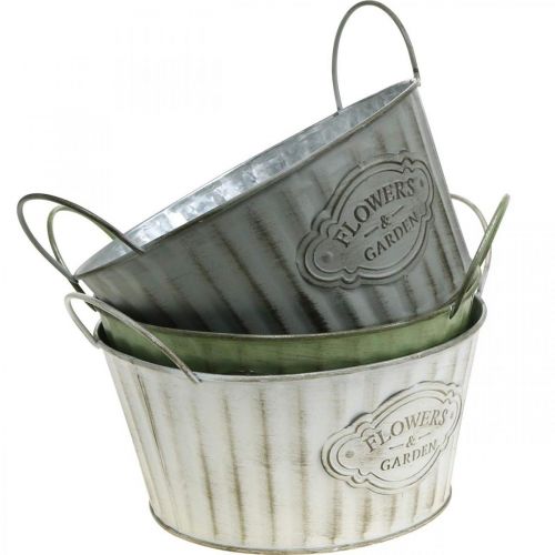 Floristik24 Metal plant bowl, spring flower pot, planter with handles green, white, gray Ø21cm H15.5cm set of 3