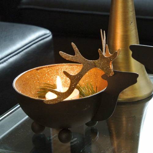 Floristik24 Bowl with Reindeer Head Black, Golden Metal Ø11/14cm Set of 2
