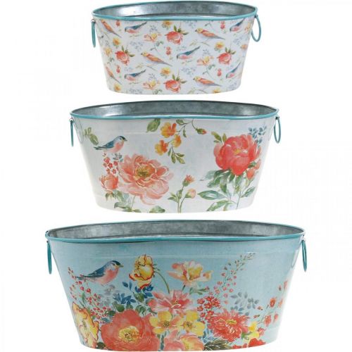 Product Plant bowls, spring, plant pot flowers/birds, metal vessel oval L39/31/24.5cm set of 3