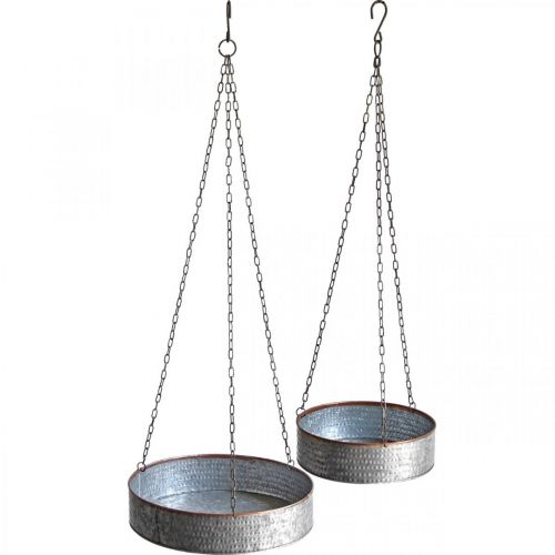 Plant bowl for hanging, metal vessel with chain silver, copper-colored Ø30/40m H9/9.5cm L98/112cm