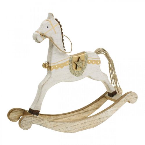 Rocking Horse Wood, Christmas Decoration White Golden H24cm