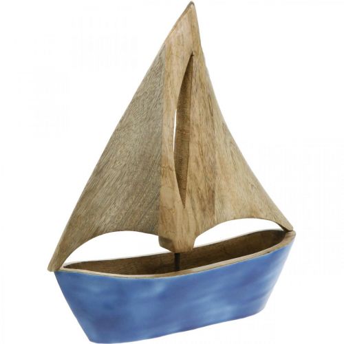Deco sailboat wood mango, wooden ship blue H27.5cm