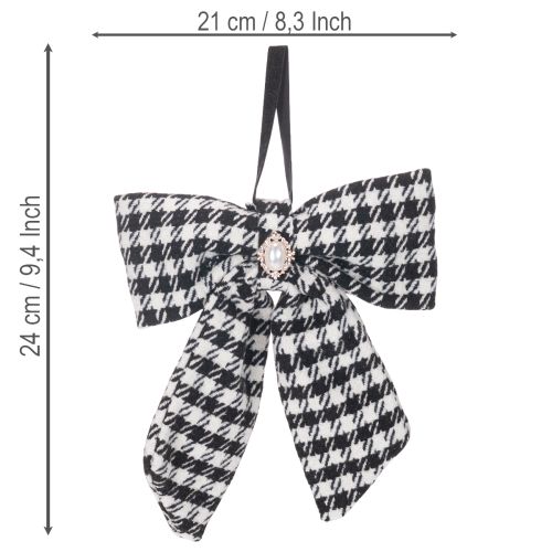 Fabric bow with brooch and hanger, checkered, 24cm, 2 pieces | Floristik24.ie