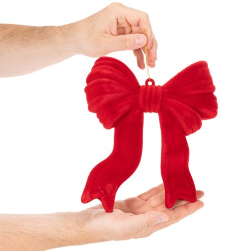 Decorative red bow for hanging, flocked Christmas decoration, 22cm | Floristik24.ie