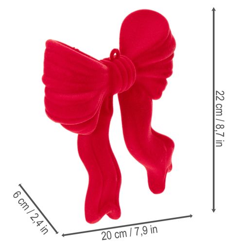 Decorative red bow for hanging, flocked Christmas decoration, 22cm | Floristik24.ie
