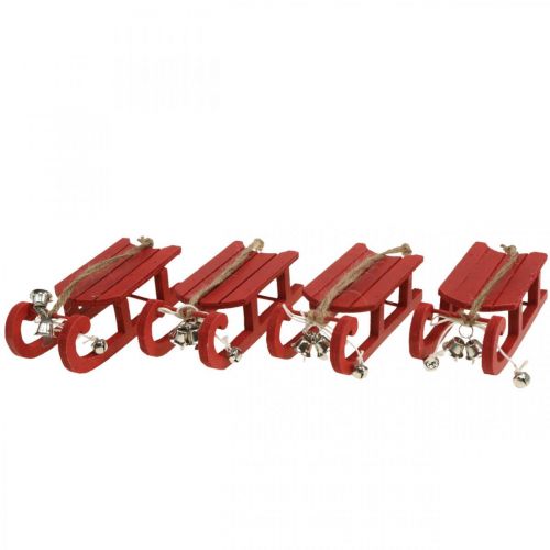 Floristik24 Decorative Sleigh Wood Red with Bell Cord L13cm 4 Pcs