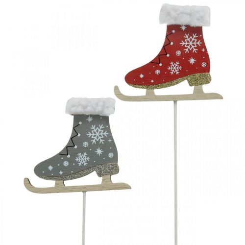 Deco plug ice skates, Christmas decoration, wooden plug grey, red L32cm 8pcs