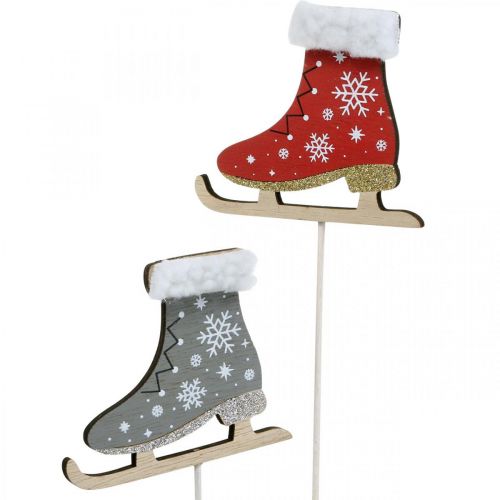 Floristik24 Decorative plug ice skates, Christmas decoration, wooden plug grey, red L32cm 8 pcs