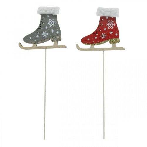 Floristik24 Decorative plug ice skates, Christmas decoration, wooden plug grey, red L32cm 8 pcs