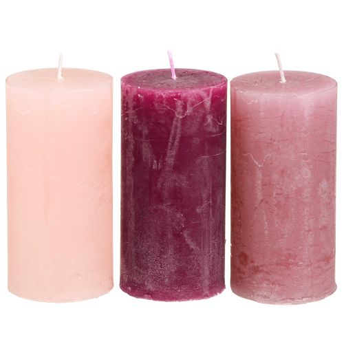 Product Pillar candle set, pink &amp; berry colors, rustic look, 50x100mm, 12 pieces - wedding decoration, table decoration, romantic evenings