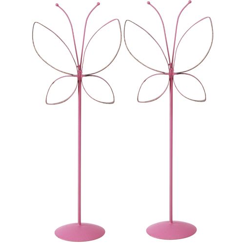 Product Butterfly Metal Decoration Spring Fuchsia Gold H35cm 2 pcs