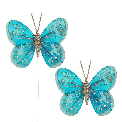 Decorative butterflies turquoise with glitter 7cm 4pcs