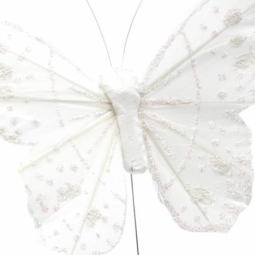 Product Feather butterfly on wire white with glitter 10cm 12pcs