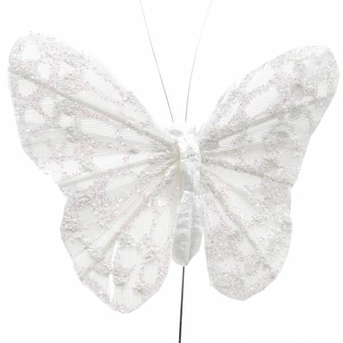 Feather butterfly with wire white, glitter 5cm 24pcs