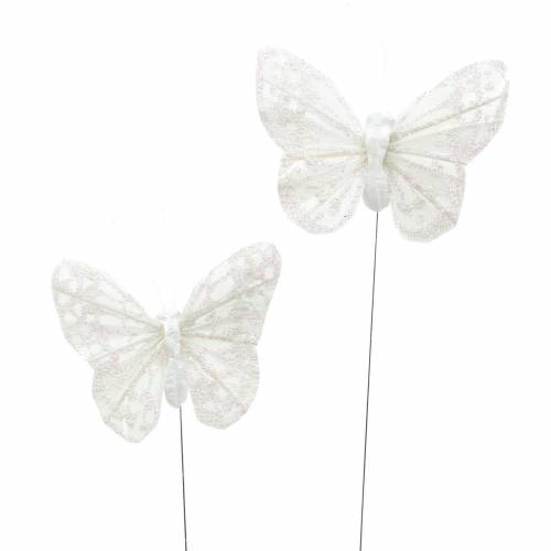 Feather butterfly with wire white, glitter 5cm 24pcs