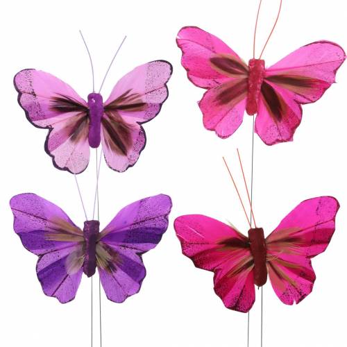 Feather butterfly with wire 7cm pink purple 24 pcs