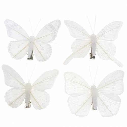 Feather butterfly on clip white 7-8cm 8 pcs