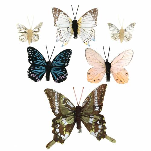 Deco butterfly with metal clip nature assorted H4.9cm/5.8cm/7.4cm 6pcs