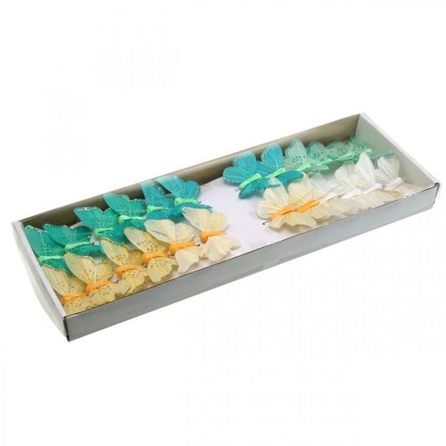 Floristik24 Butterfly with glitter, deco plugs, feather butterfly spring yellow, turquoise, green 4×6.5cm 24pcs