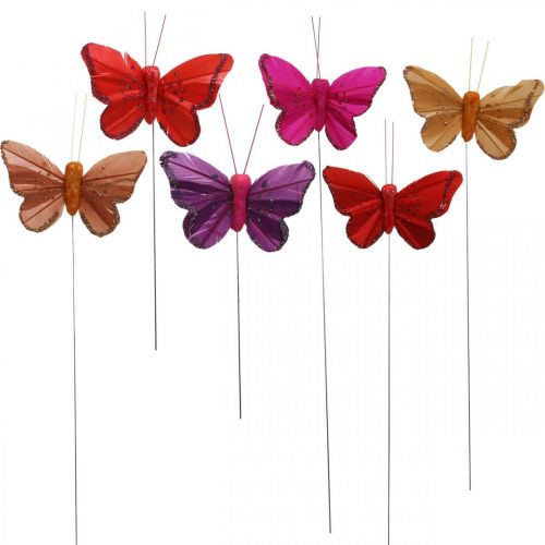 Floristik24 Spring, feather butterflies with glitter, decorative butterfly red, orange, pink, violet 4×6.5cm 24 pcs