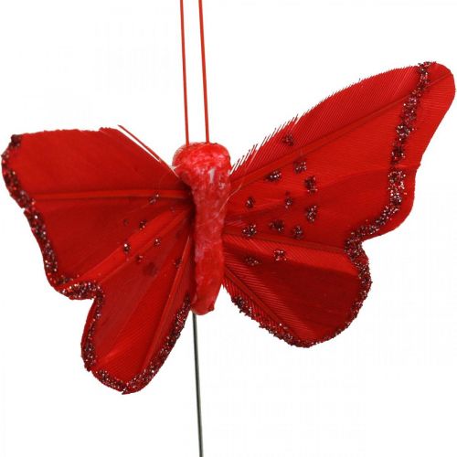 Product Spring, feather butterflies with mica, deco butterfly red, orange, pink, violet 4×6.5cm 24pcs
